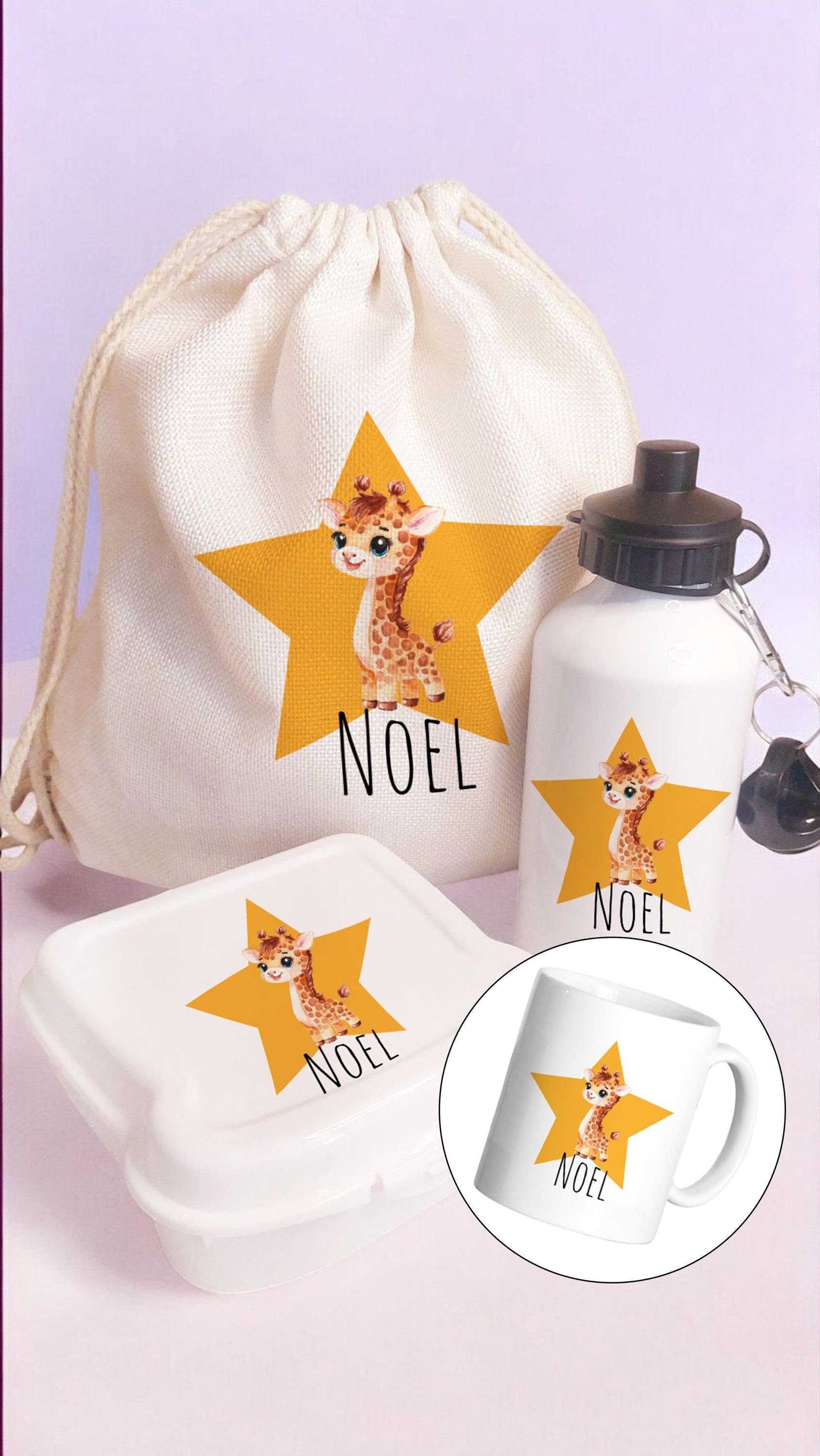 mochila personalizada, botella y caja de merienda