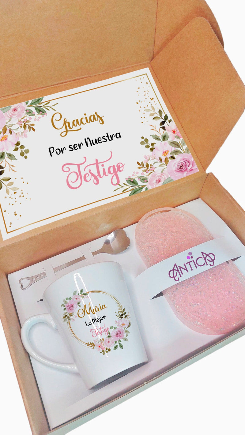 set de taza personalizada mas bandeja para regalo de testigo de boda