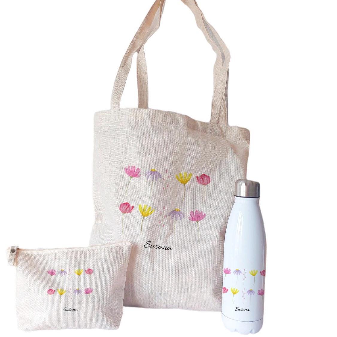Set de Bolso floral personalizado + botella + neceser