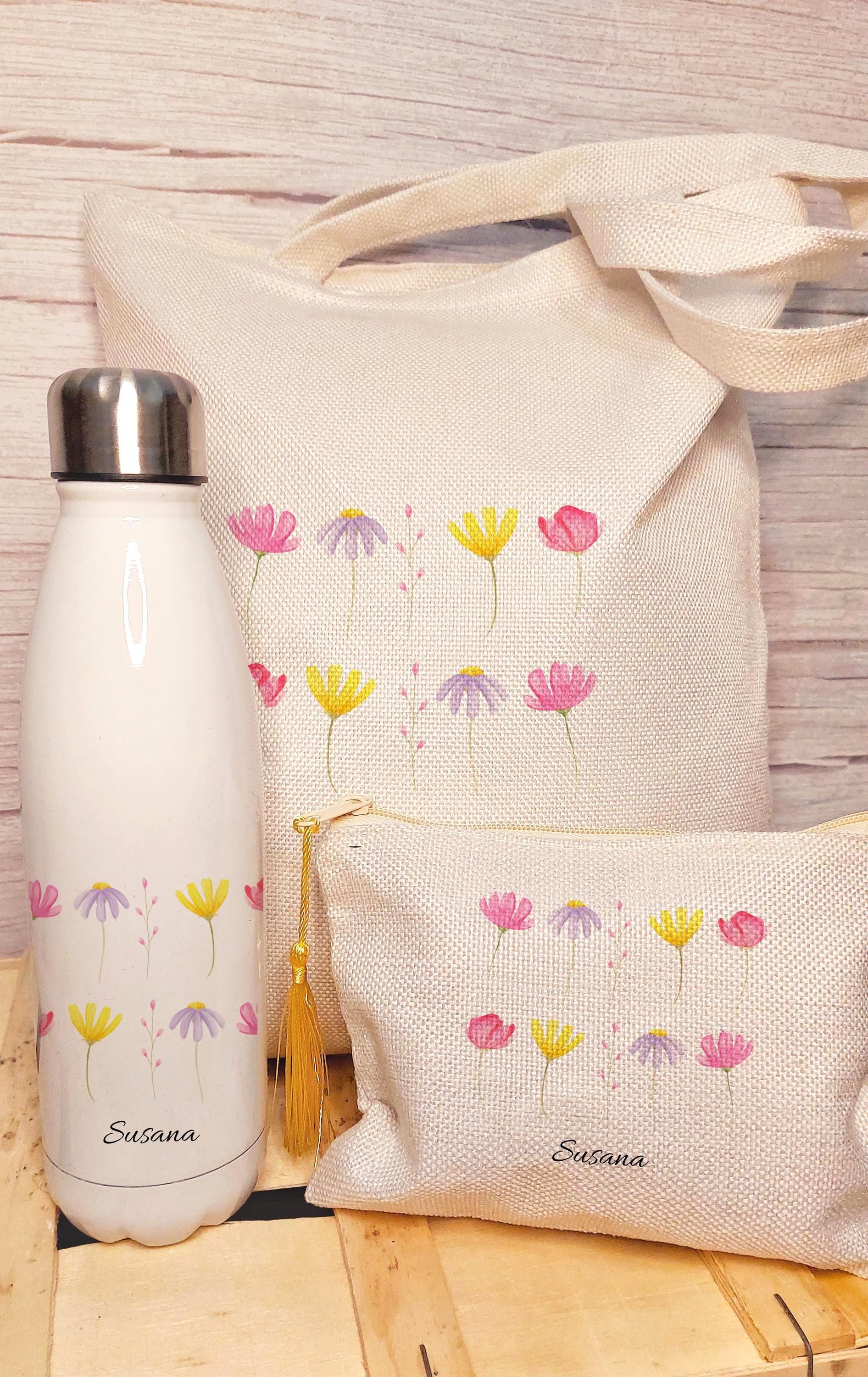 Set de Bolso floral personalizado + botella + neceser