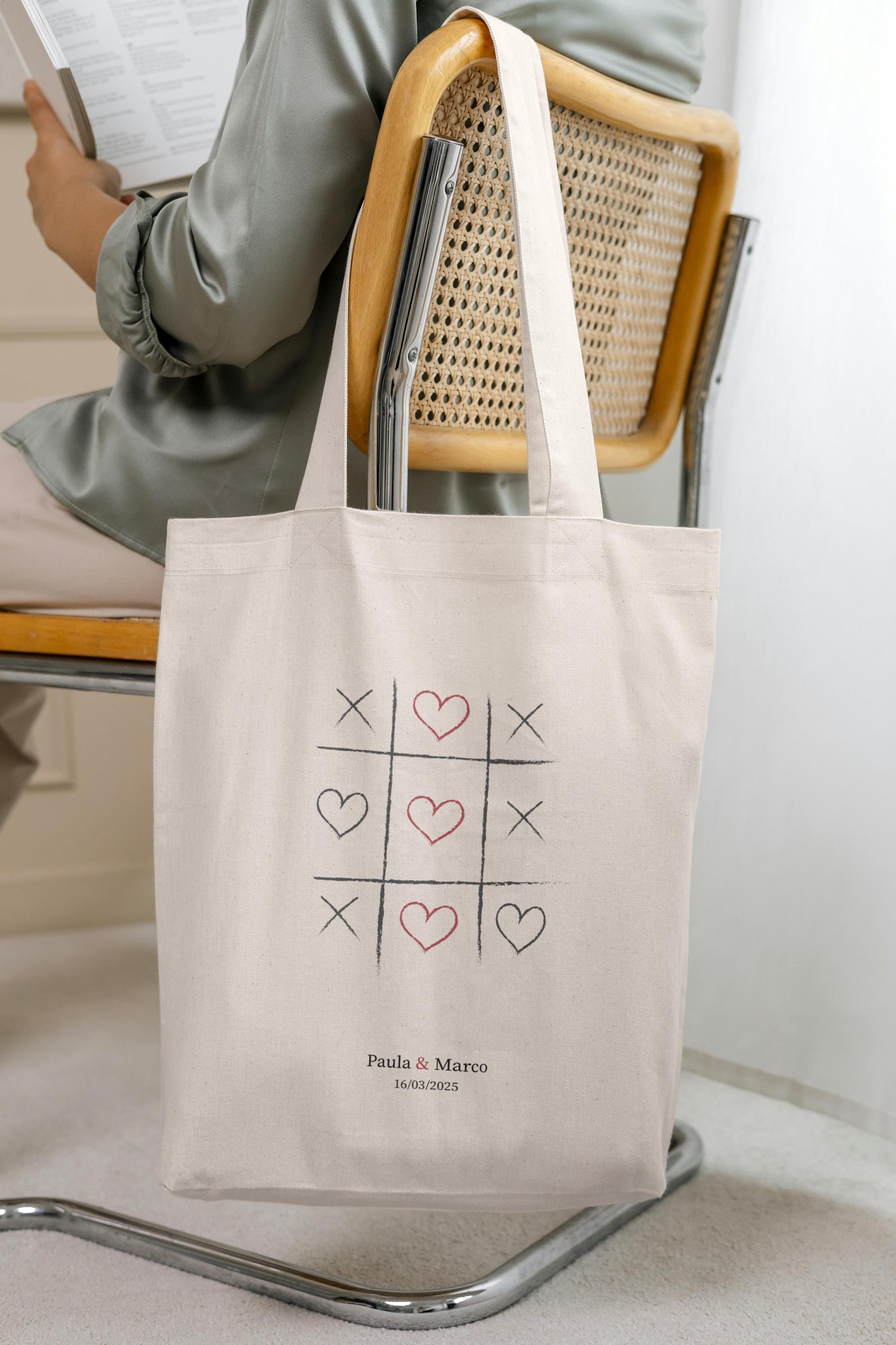 Bolso de tela personalizado Tres en raya corazones