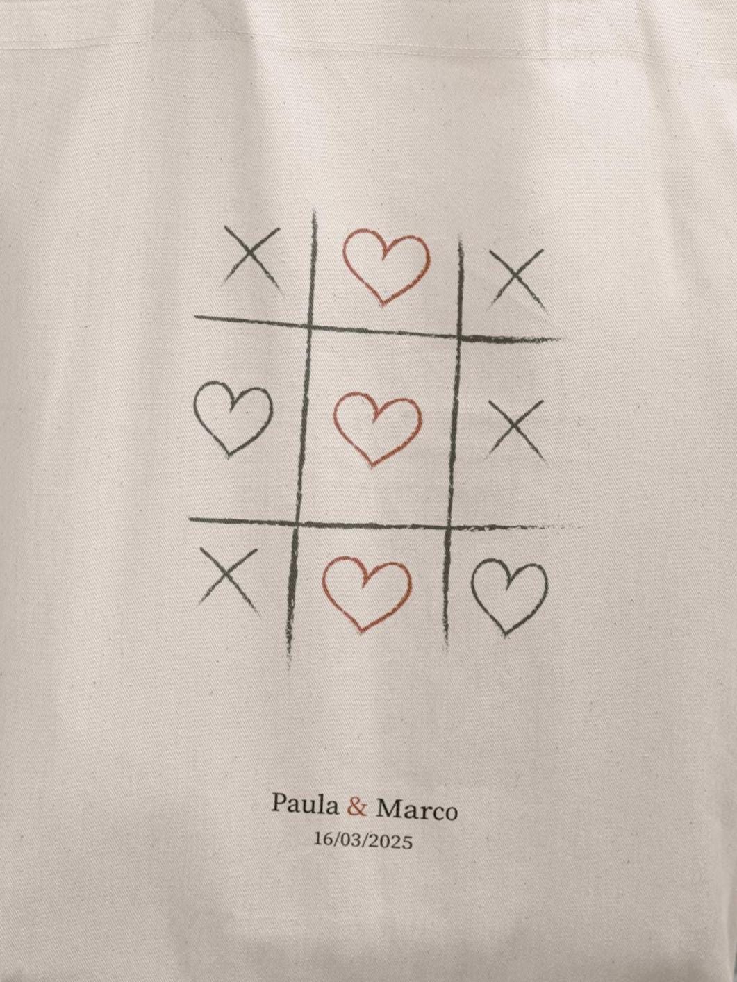 Bolso de tela personalizado Tres en raya corazones