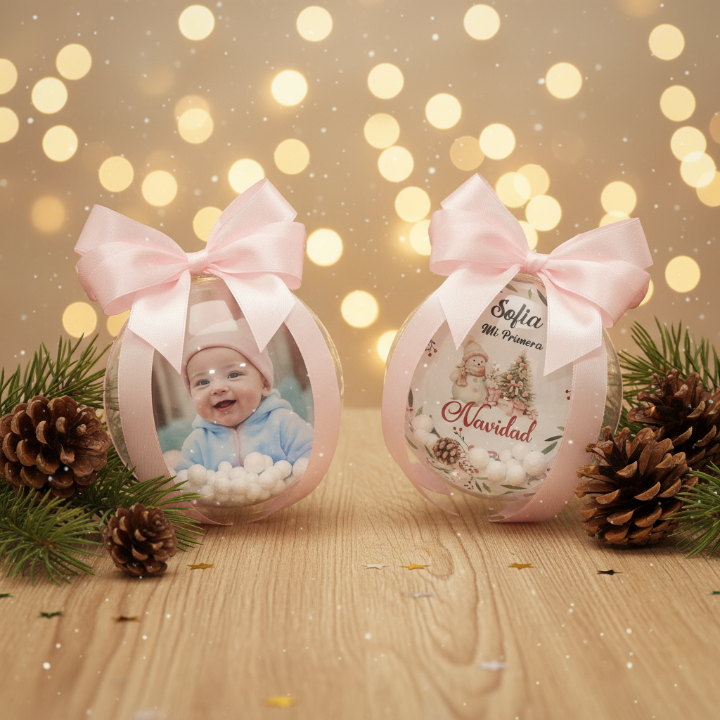 Bola navideña con nombre y fecha, perfecta para conmemorar la primera Navidad de un bebé, sobre fondo con luces cálidas.