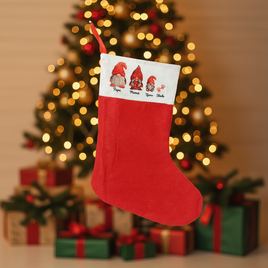 Bota navideña personalizada con nombres bordados colgada frente al árbol de Navidad