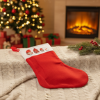 Decoración navideña artesanal con bota roja personalizada y luces cálidas de fondo