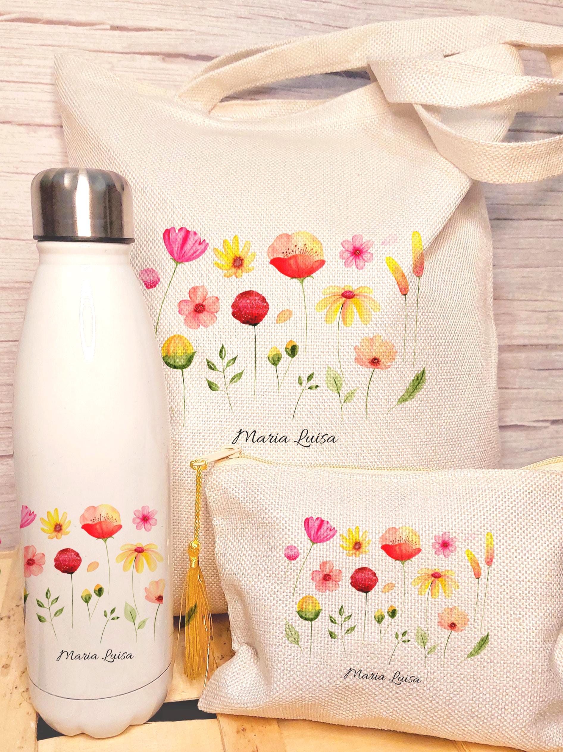 Set de Bolso floral personalizado + botella + neceser