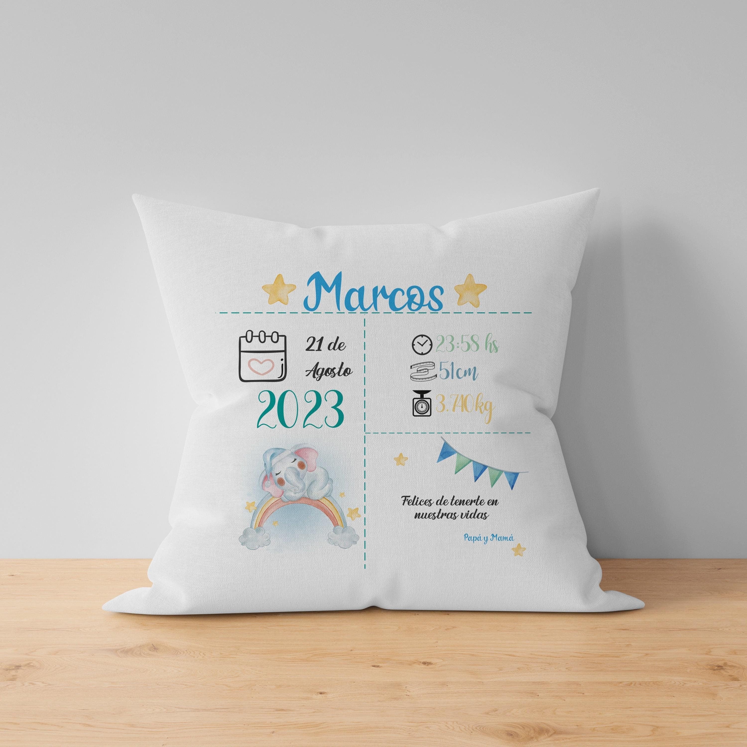 almohada con nombre del bebé, regalo bienvenida recién nacido, Cojín tierno elefante, almohadón infantil
