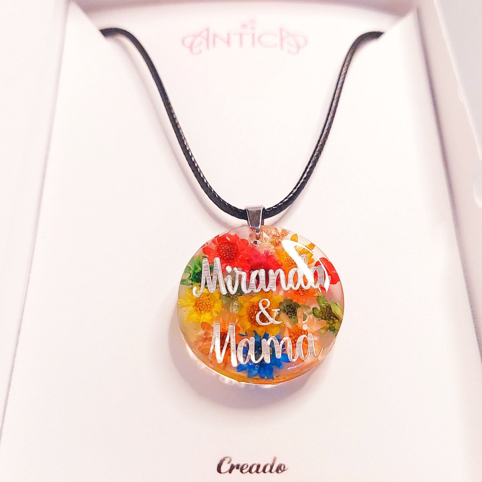 collar flores preservadas, colgante de verano con nombre, regalo único para mujer