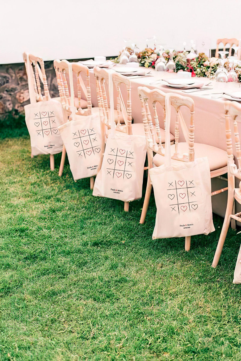 Bolso de tela personalizado Tres en raya corazones