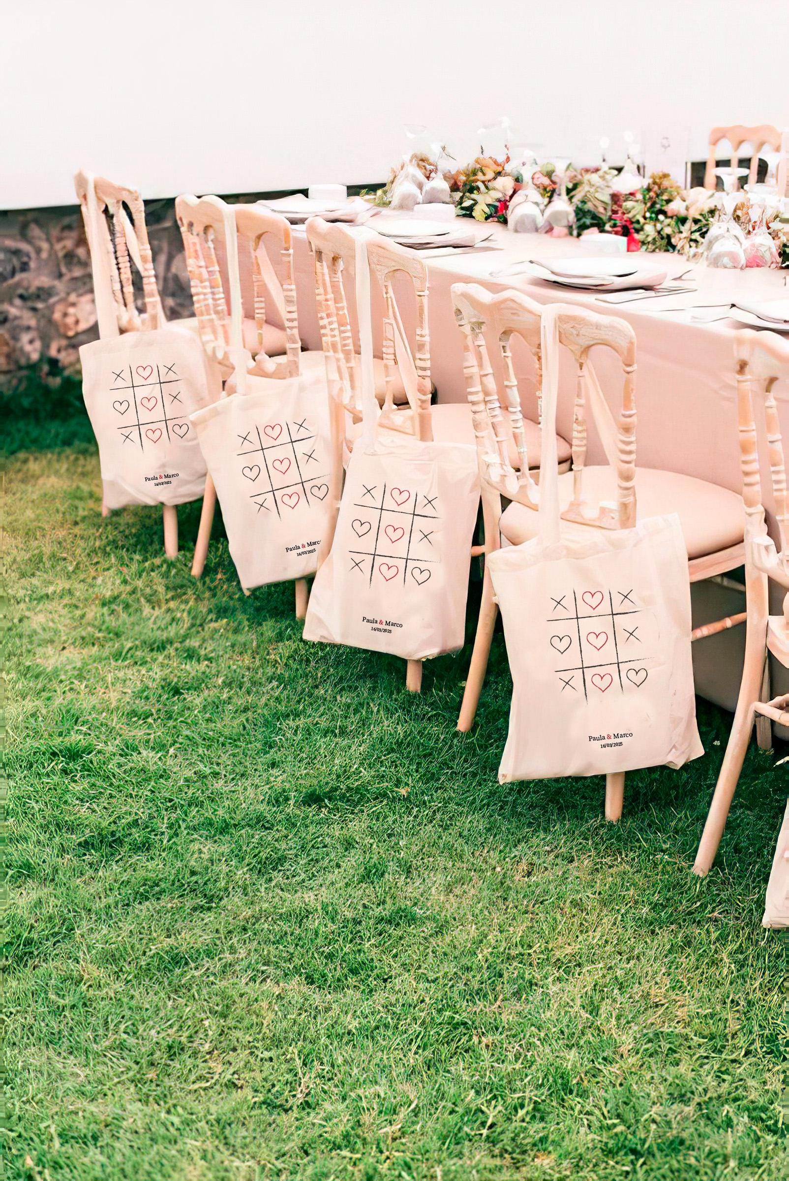 Bolso de tela personalizado Tres en raya corazones