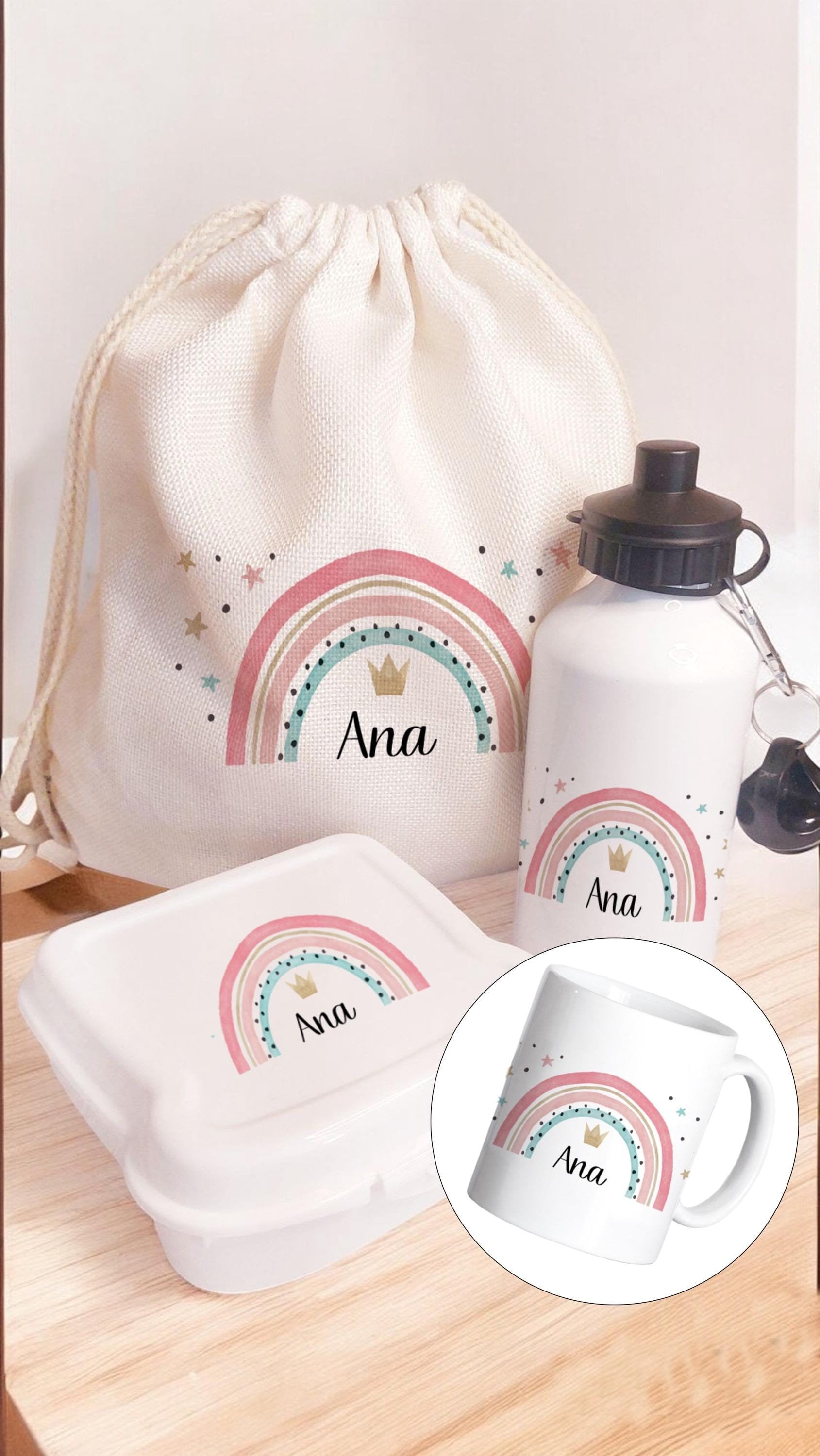 mochila personalizada, botella y caja de merienda, set con nombre para guardería