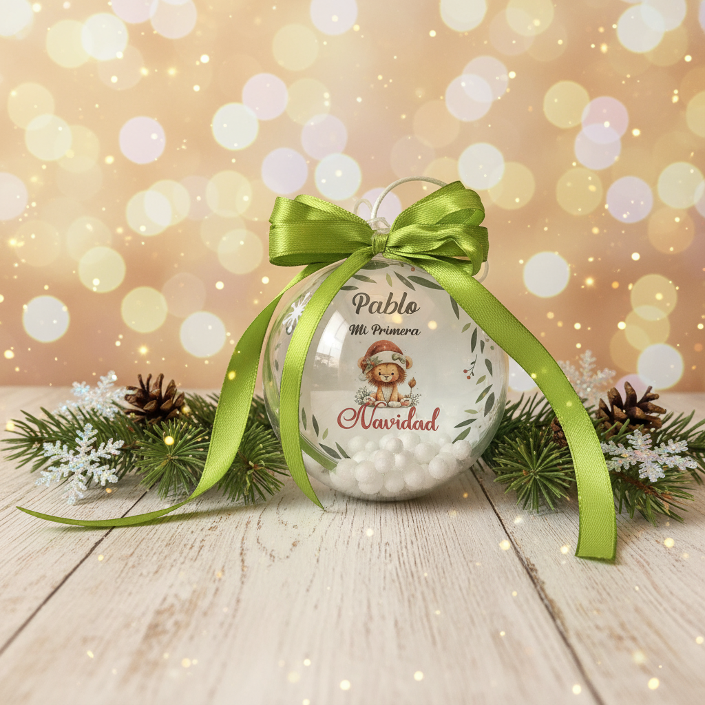 Souvenir navideño personalizado con foto, bola artesanal con lazo y relleno decorativo blanco, regalo familiar de Navidad.