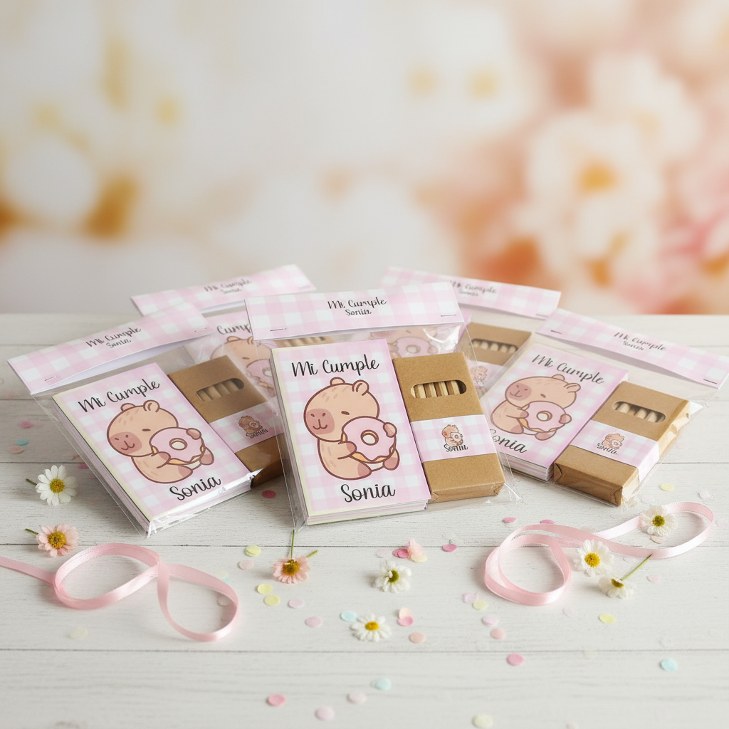 Set para colorear personalizado con lápices de colores, detalle infantil para cumpleaños con diseño tierno y nombre personalizado.