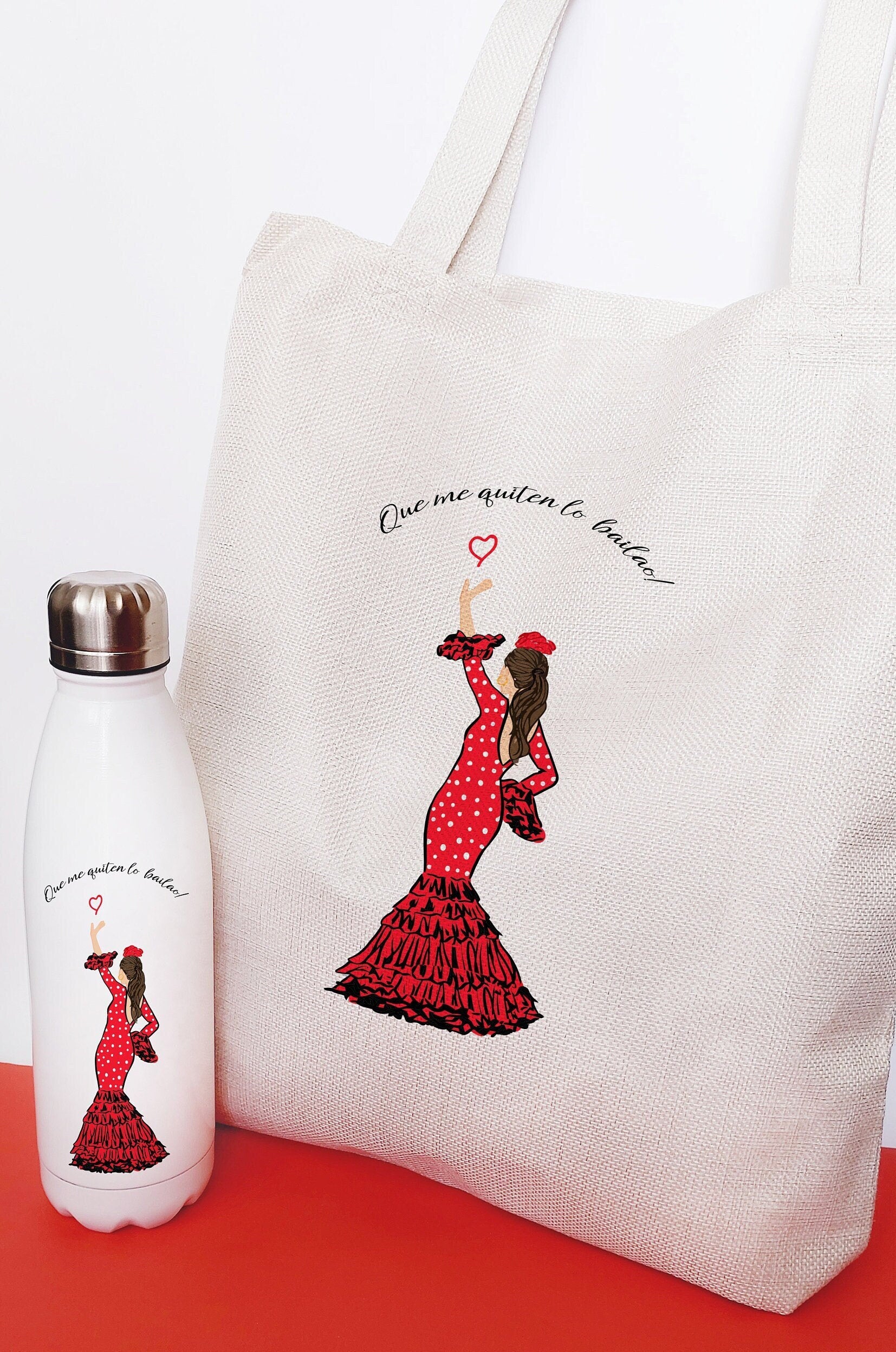 regalo feria, regalo flamenca, Set botella y tote bag diseño flamenca