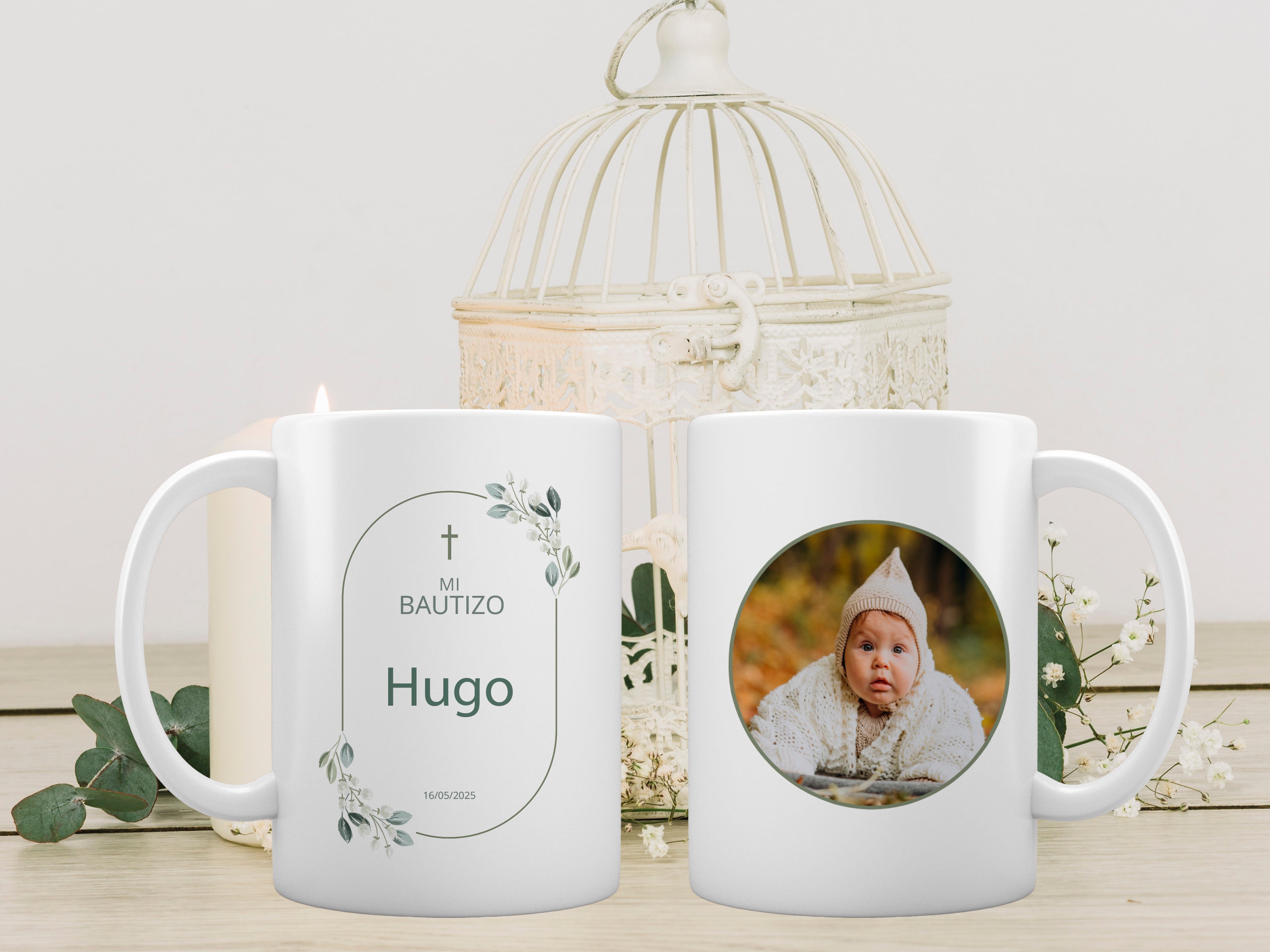 taza con fotografía para bautizo niño color verde