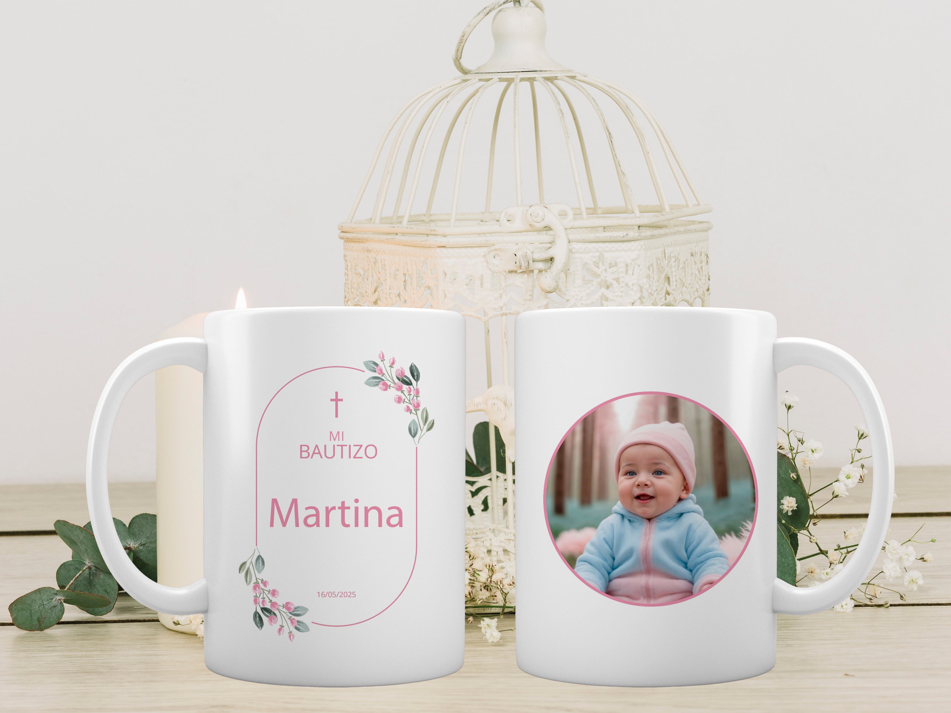 taza con fotografía para bautizo niña color rosado