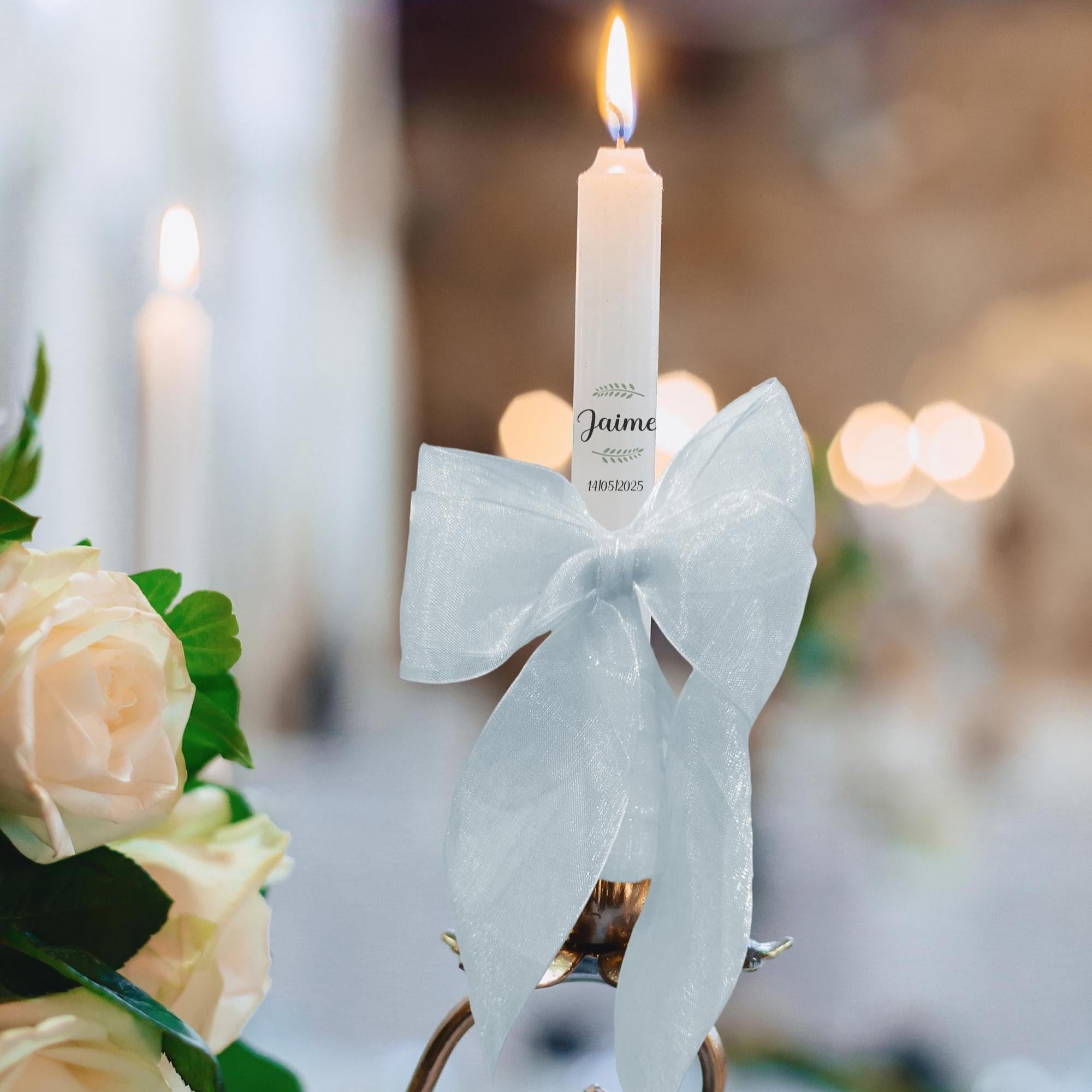Vela bautizo personalizada blanca con flores y follaje, recuerdo para padrinos, Vela bautismal con nombre